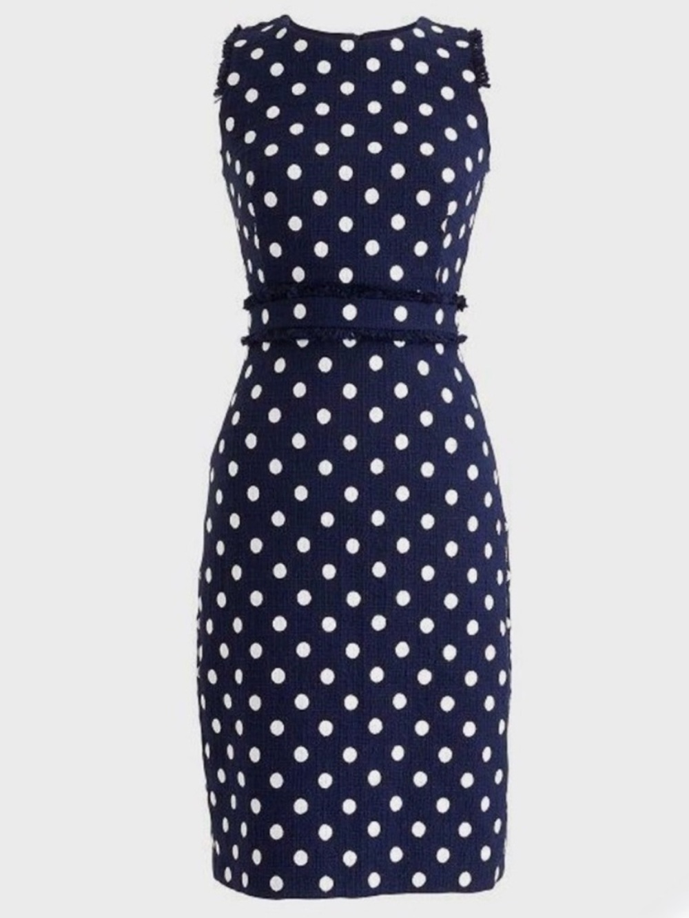 J. Crew Navy Polka Dot Sheath Dress Sleeveless Belted Career Classic Size 2